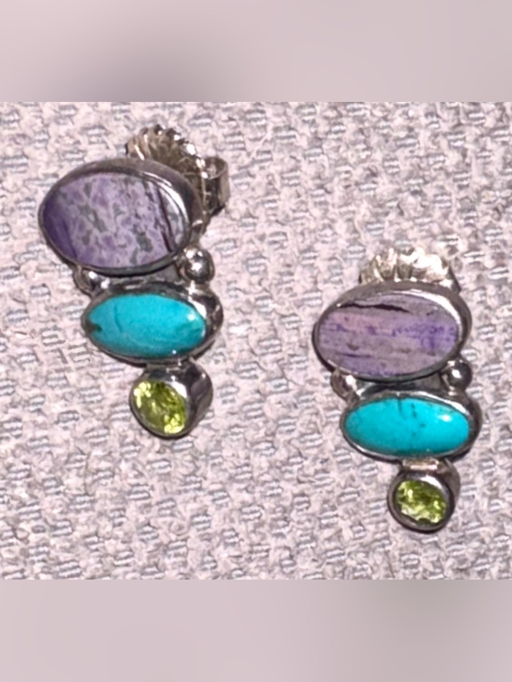 Sterling Multi-Gemstone Post Earrings w Turquoise, Lavender & Peridot marked AKR